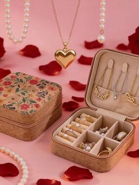 Floral Cork Jewelry Organizer Travel Case - Beige
